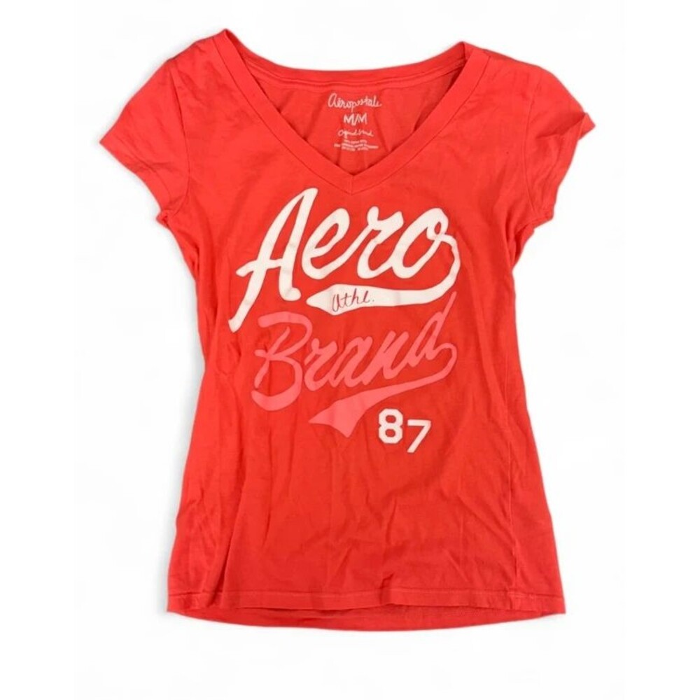 Y2K Aeropostale Coral Aero Athletic Brand 87 V Neck Baby Tee